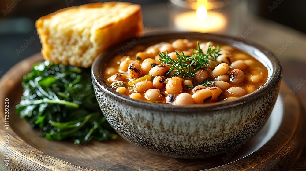 A close-up of black-eyed peas stewed with spices, served in a rustic ceramic bowl, alongside a slice of buttery cornbread and collard greens on a wooden plate, warm candlelight casting soft shadows, A close-up of black-eyed peas stewed with spices, served in a rustic ceramic bowl, alongside a slice of buttery cornbread and collard greens on a wooden plate, warm candlelight casting soft shadows,