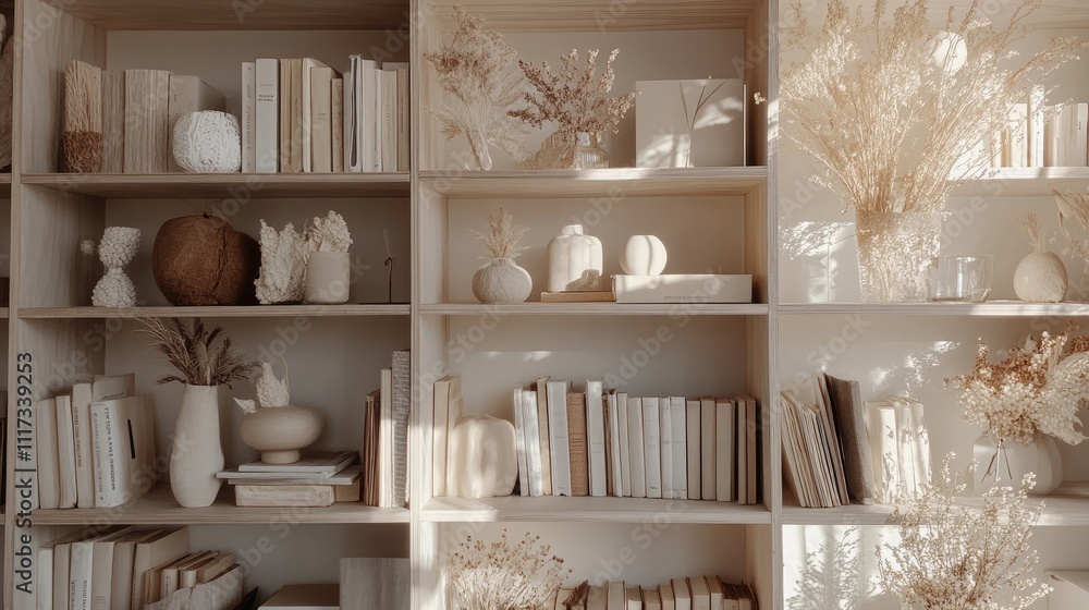 Elegant and Minimalist Bookshelf Decor with Dried Plants and Vases Elegant and Minimalist Bookshelf Decor with Dried Plants and Vases