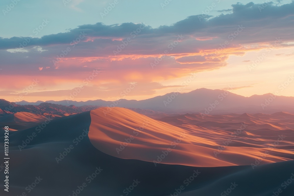 Serene desert landscape at sunset, showcasing rolling dunes and distant mountains. Serene desert landscape at sunset, showcasing rolling dunes and distant mountains.