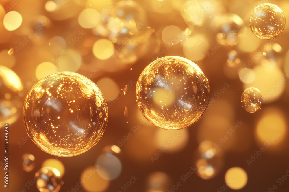 Golden glowing bubbles floating in a warm golden light with bokeh effects Golden glowing bubbles floating in a warm golden light with bokeh effects