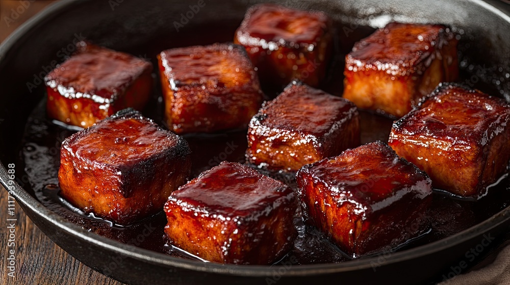 Deliciously Glazed Honey Soy Tofu Cubes in Cast Iron Pan Deliciously Glazed Honey Soy Tofu Cubes in Cast Iron Pan