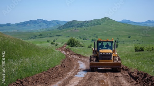 Bulldozer Working on Dirt Road