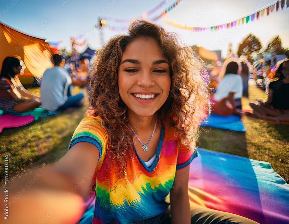 Carefree Teenage Girl Taking a Selfie at an Outdoor Music Festival Carefree Teenage Girl Taking a Selfie at an Outdoor Music Festival