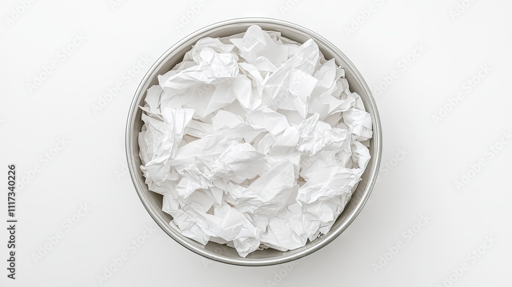 Crumpled White Paper Waste in Metallic Bowl on Clean Background Crumpled White Paper Waste in Metallic Bowl on Clean Background
