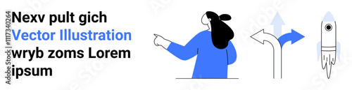 Person pointing at intersecting arrows, showcasing decision-making with rocket launch symbol. Ideal for business innovation, start-ups, strategic planning, adventure, choices, growth, and conceptual