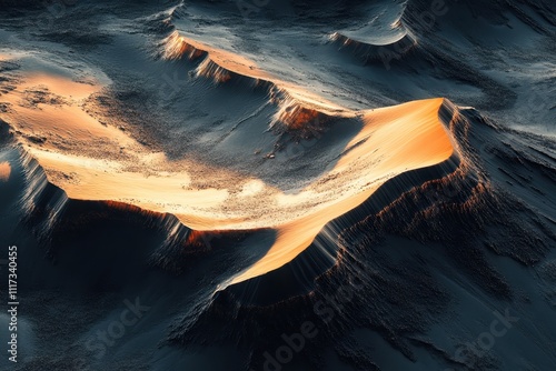 Aerial view of illuminated sand dunes showcasing contrasting textures and colors. photo