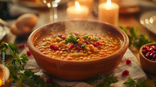 A cozy Brazilian New Year dining table with a steaming lentil soup in a clay pot, pomegranate seeds scattered around for decoration, traditional linens, and candles adding warmth,