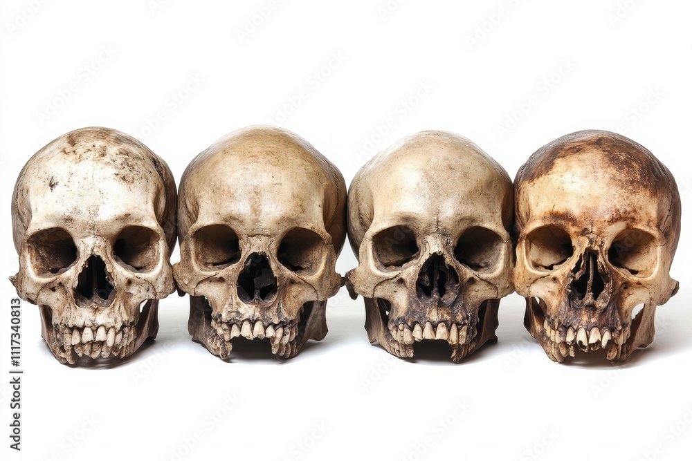 Set of human skulls each viewed from different angles isolated on a white background Set of human skulls each viewed from different angles isolated on a white background
