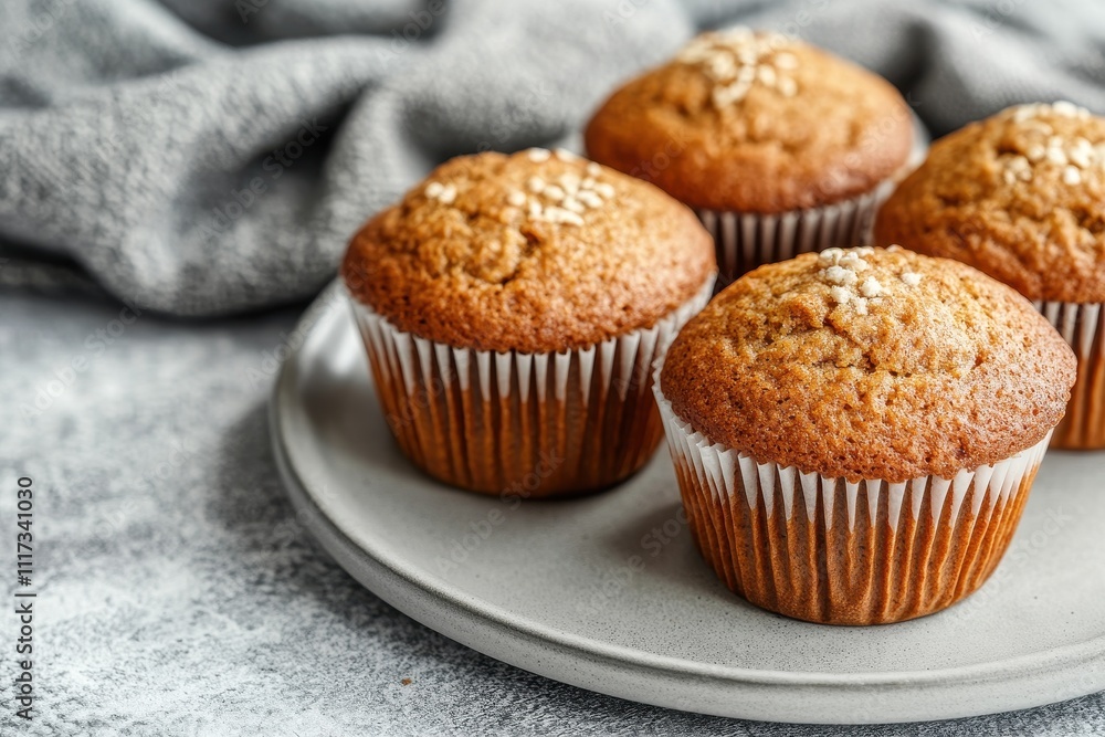 Four delicious muffins, sprinkled with sugar, sit on a plate. Perfect for bakery, food blog, or breakfast themes. Four delicious muffins, sprinkled with sugar, sit on a plate. Perfect for bakery, food blog, or breakfast themes.