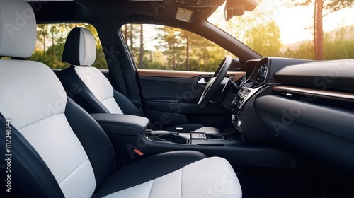 Wallpaper Mural Modern Car Interior with Stylish Black and White Seats in a Scenic Outdoor Setting at Sunset Torontodigital.ca