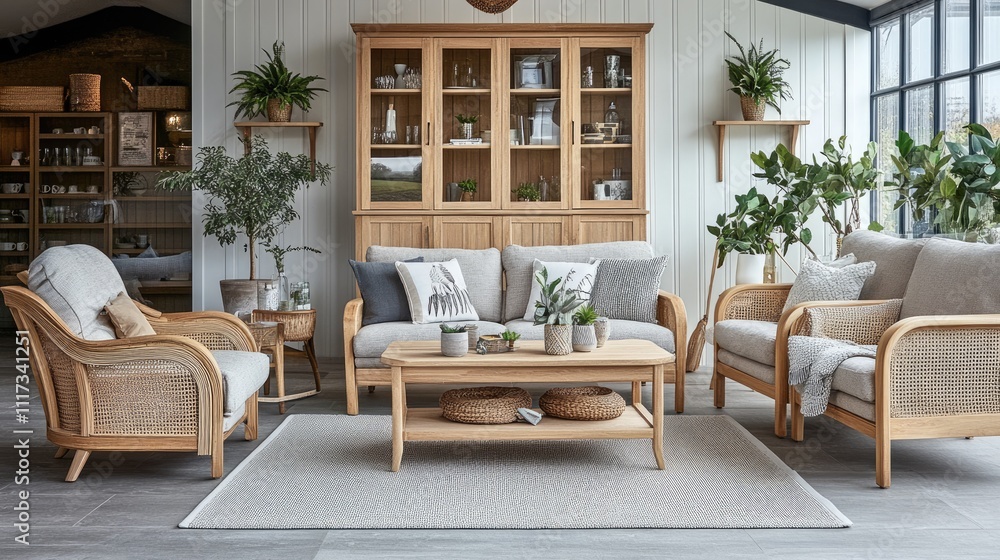 Elegant Modern Living Room with Natural Wood Furniture and Plants Elegant Modern Living Room with Natural Wood Furniture and Plants