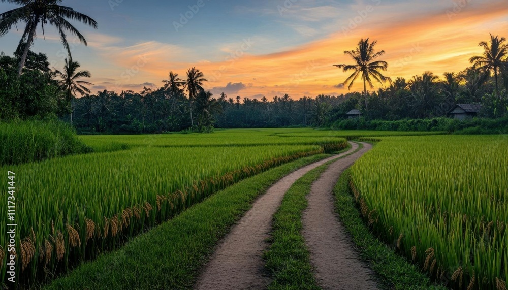 Serene sunset over lush rice fields with winding path. Serene sunset over lush rice fields with winding path.
