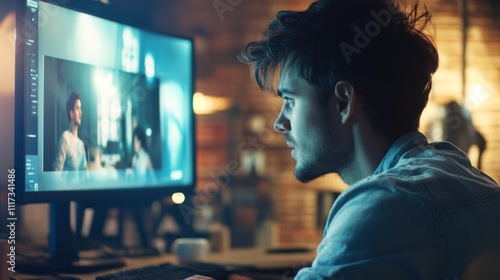 Film director intently reviewing footage on a large screen, deep in thought as he analyzes the visual storytelling, capturing the essence of creativity and meticulous attention to detail in filmmaking