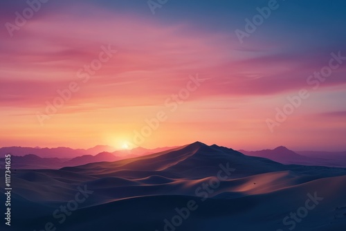 A serene desert landscape at sunrise, showcasing rolling dunes and distant mountains.