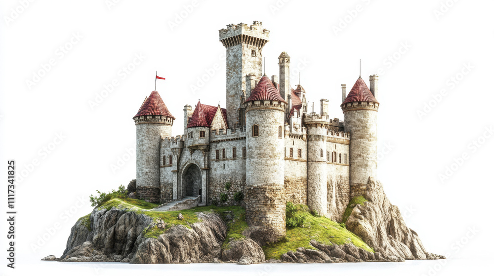 Majestic medieval castle with red-tiled towers on a rocky hill, surrounded by green grass under a bright sky, evoking a sense of history and fantasy. Majestic medieval castle with red-tiled towers on a rocky hill, surrounded by green grass under a bright sky, evoking a sense of history and fantasy.