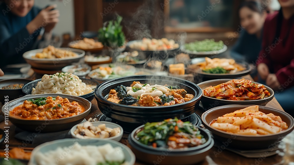 Fototapeta premium A family gathering scene with tteokguk served in steaming bowls, colorful side dishes spread across the table, joyful faces and traditional Korean decor adding warmth and celebration to the scene,