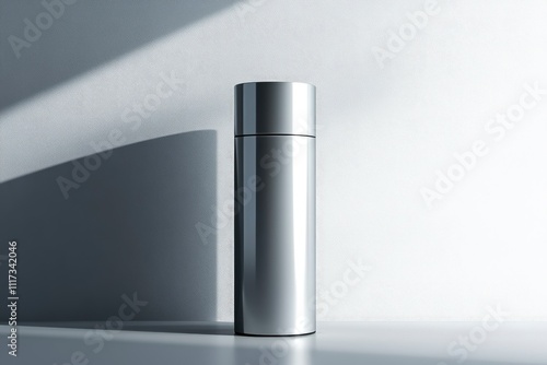 A sleek, metallic thermos standing against a textured background, reflecting light.