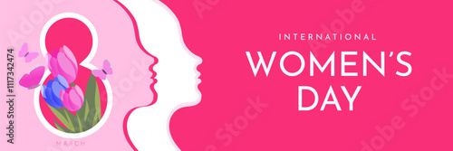 International Women's Day. Vector illustration of a woman with flowers in her hair on a pink background.