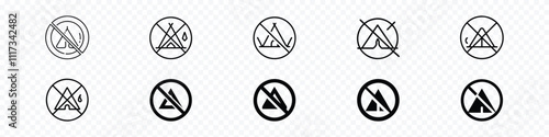 prohibited signs for camping, No Camping Sign, No camping area sign . Camping not allowed icon, No Tourist tent sign.