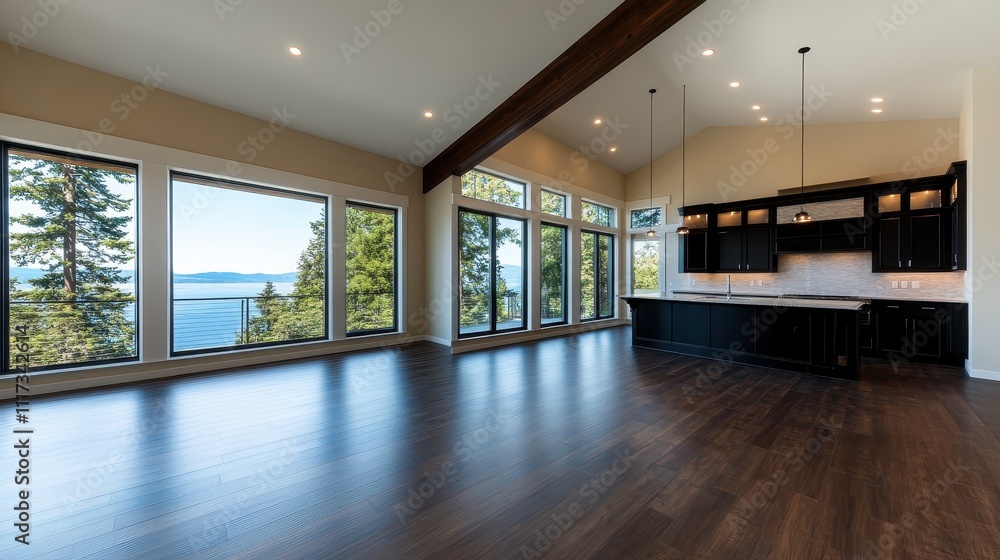 Modern kitchen and living space with scenic lake view stylish interior design serene environment high ceilings contemporary concept Modern kitchen and living space with scenic lake view stylish interior design serene environment high ceilings contemporary concept