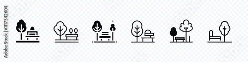 Public park with bench to sit. Park Icon mark in filled style, Park Icon Set. Tree, forest and bench vector icons. Park Icon logo sign vector outline