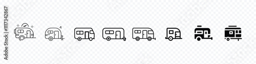 Camper icon, Recreational vehicles camper vans icons, Motorhome trailer icon. Caravan, camper. Set of camper, RV and trailer line icons