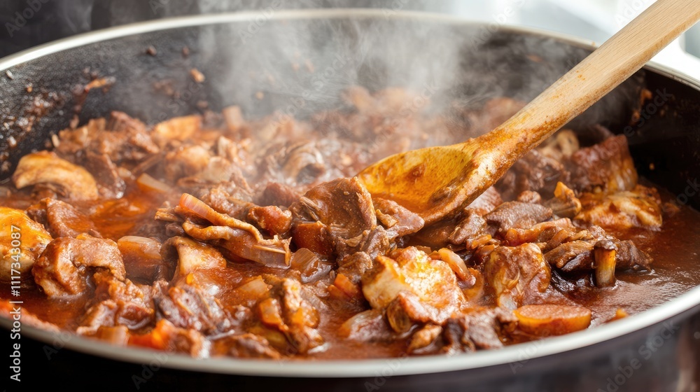 Savory Stew with Vegetables and Juicy Meat Simmering in a Pan Savory Stew with Vegetables and Juicy Meat Simmering in a Pan