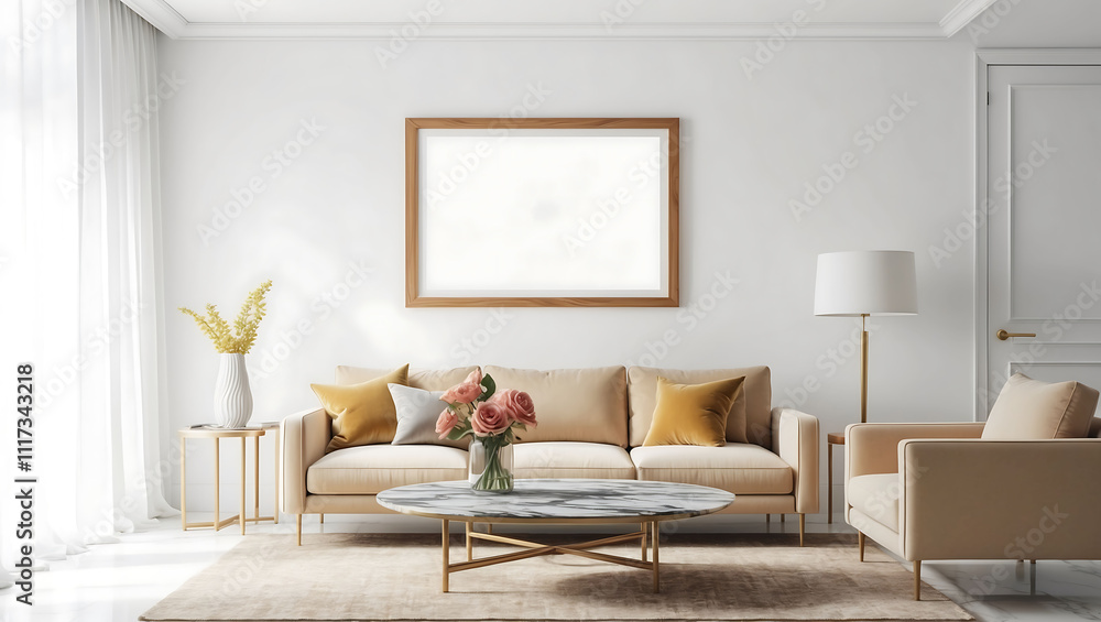 Fototapeta premium Stylish living room interior with sofa, coffee table and wooden wall frame