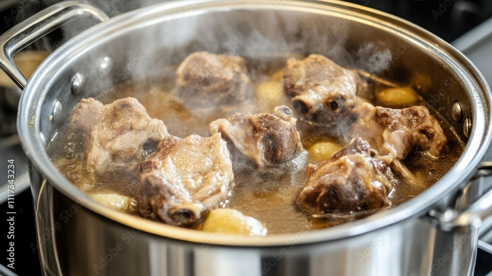 Steaming Pot of Meat Cooking with Potatoes and Aromatic Seasoning Steaming Pot of Meat Cooking with Potatoes and Aromatic Seasoning