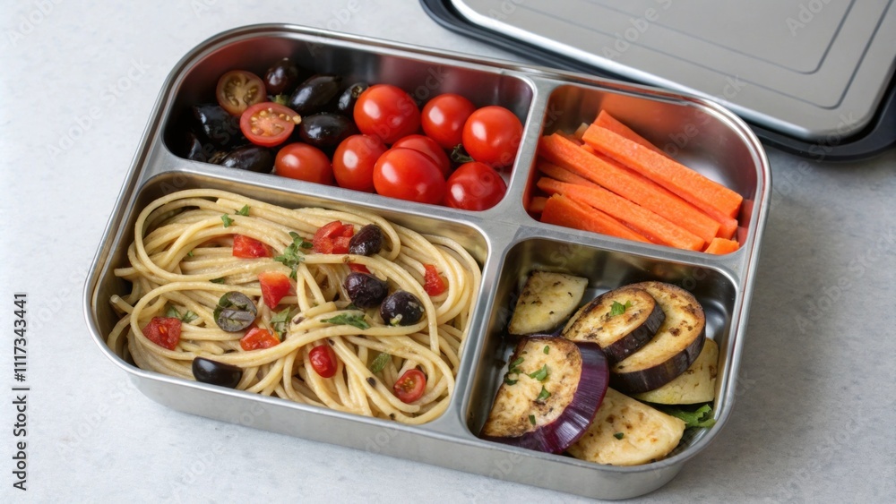A sleek and modern bento box divided into sections showcasing a chilled pasta salad made from leftover spaghetti tossed with cherry tomatoes olives and a splash of vinaigrette. A sleek and modern bento box divided into sections showcasing a chilled pasta salad made from leftover spaghetti tossed with cherry tomatoes olives and a splash of vinaigrette.