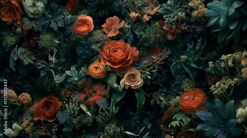 Fototapeta premium Dark floral composition with roses and greenery