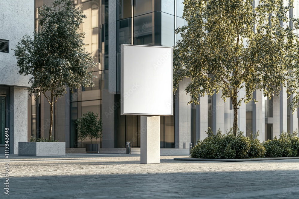 A blank advertising billboard stands in an urban setting surrounded by trees and buildings. A blank advertising billboard stands in an urban setting surrounded by trees and buildings.