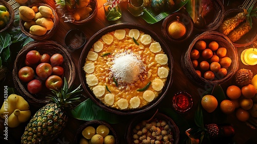 A Filipino New Year feast featuring a centerpiece of biko with coconut topping, surrounded by a circle of round fruits symbolizing luck, the table adorned with woven textiles and festive decorations, photo