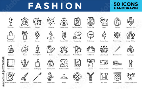 Fashion icons set with mannequin, fashion photography, makeup, hairstyling, fashion trends, fashion magazine, fashion blog, retail, boutique, department store icon. Simple handdrawn vector 
