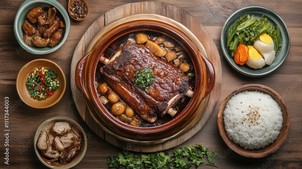 Delicious Chinese Pork Belly Dish with Rice and Fresh Vegetables Delicious Chinese Pork Belly Dish with Rice and Fresh Vegetables