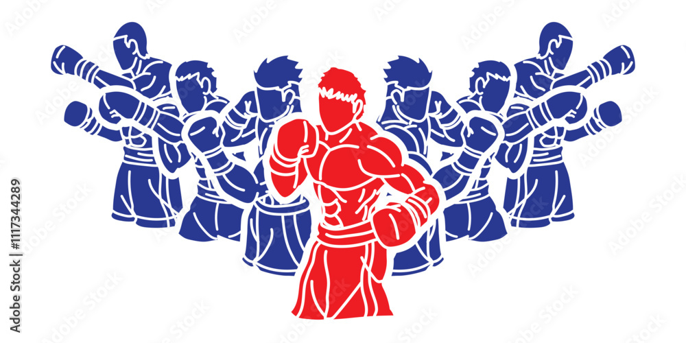 Obraz premium Group of Fighter Boxing Sport Boxer Fighting Action Cartoon Graphic Vector