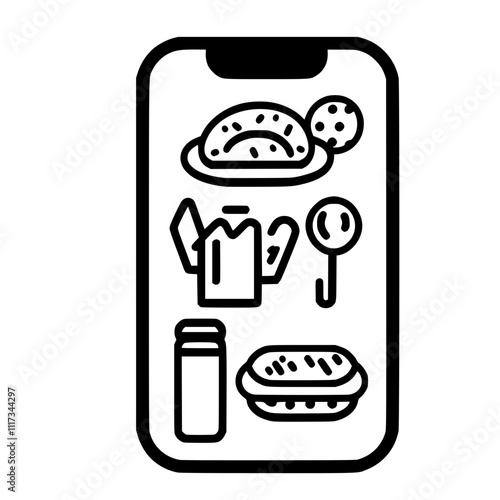 Minimalistic smartphone illustration displaying various food items, including pastries, drinks, and snacks, black and white design, copy space