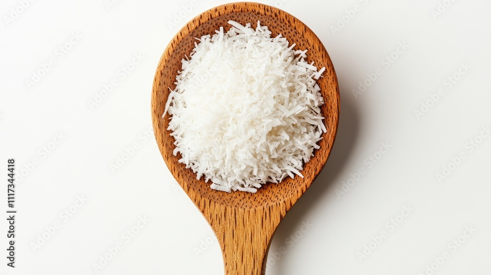 Coconut Flakes in Wooden Spoon on White Background Coconut Flakes in Wooden Spoon on White Background