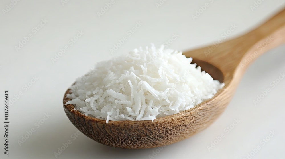 Fresh Grated Coconut Flakes in Wooden Spoon Against Light Background Fresh Grated Coconut Flakes in Wooden Spoon Against Light Background