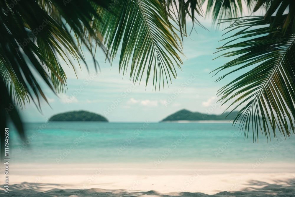 Tropical beach view with islands in the distance, framed by palm leaves. Tropical beach view with islands in the distance, framed by palm leaves.