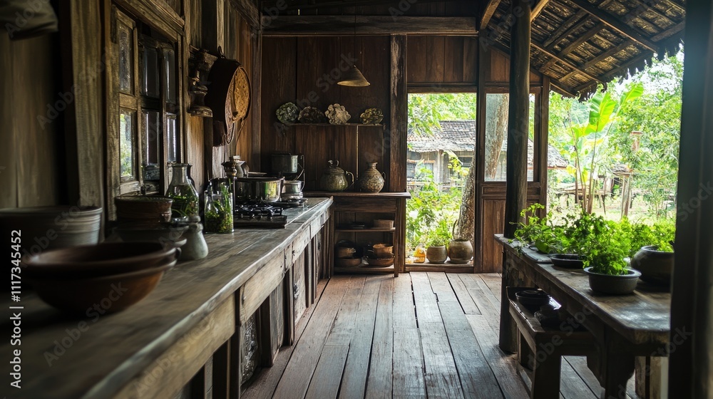 Fototapeta premium Ancient wooden old kitchen with many herbs for cooking in country house that still retain the cultural identity of old days decoration for Thai architecture traditional wooden house of Thailand