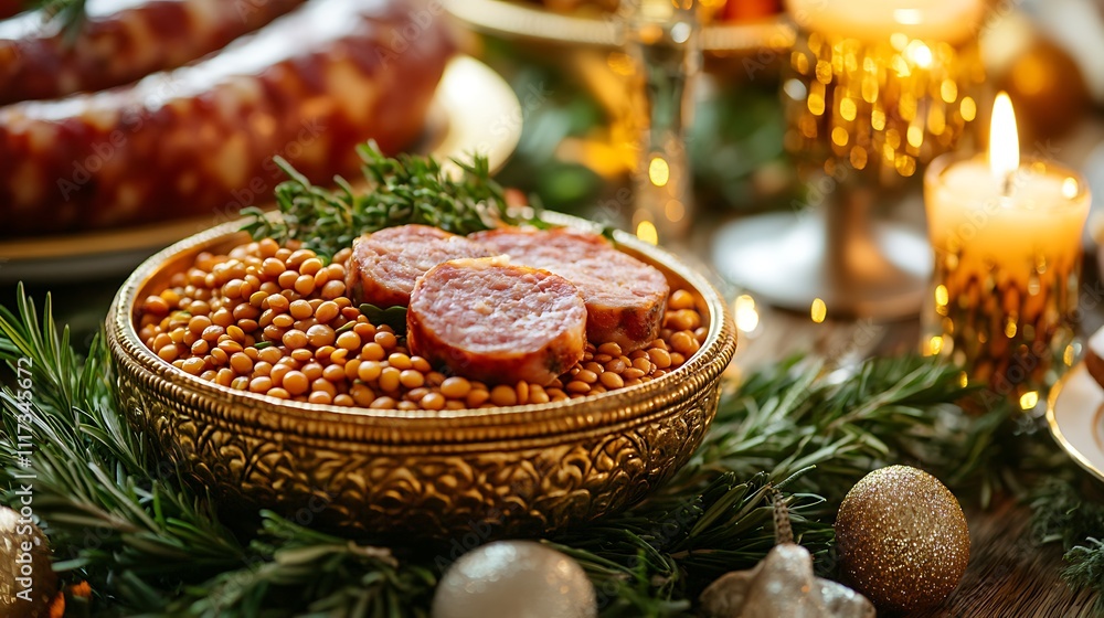 A luxurious Italian New Year table with lentils arranged in a decorative bowl, cotechino sausage sliced thickly and served with fresh herbs, surrounded by gold-trimmed plates and soft candlelight, A luxurious Italian New Year table with lentils arranged in a decorative bowl, cotechino sausage sliced thickly and served with fresh herbs, surrounded by gold-trimmed plates and soft candlelight,