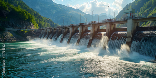 Large dam with water cascading over the edge, Powerful dam with water flowing over the edge showcasing engineering