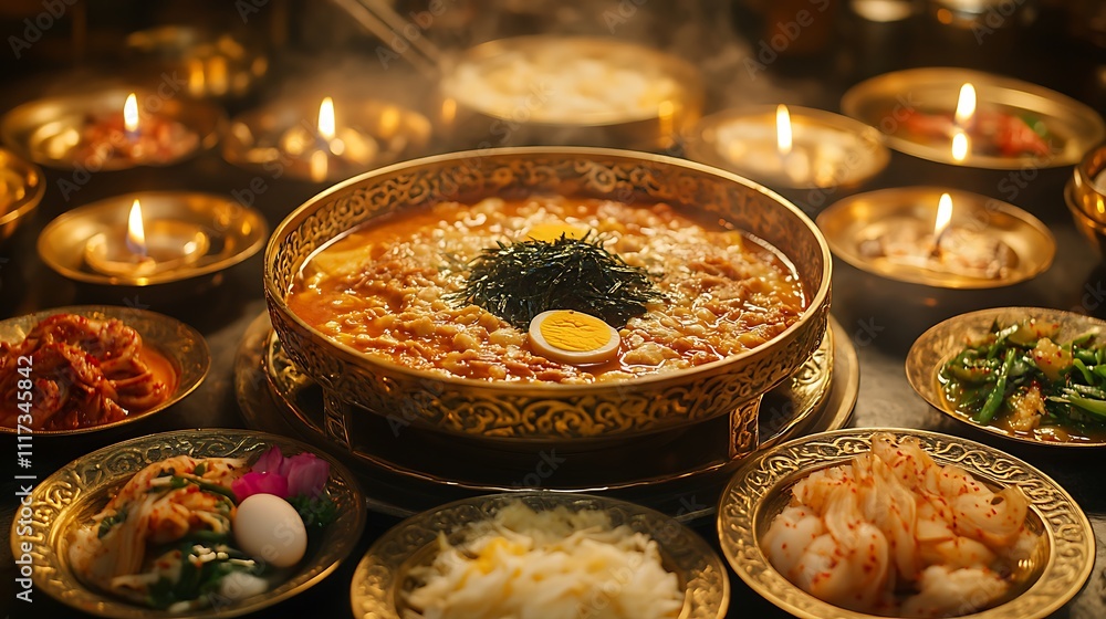 A luxurious Korean New Year table with tteokguk served in an ornate porcelain bowl, garnished with golden egg strips and seaweed, paired with colorful side dishes on brass plates, A luxurious Korean New Year table with tteokguk served in an ornate porcelain bowl, garnished with golden egg strips and seaweed, paired with colorful side dishes on brass plates,