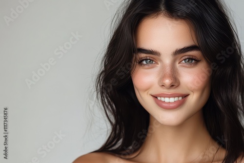 Studio portrait of beautiful young woman with perfect fresh clean skin looking directly at camera