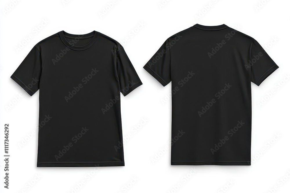 A black t-shirt displayed from the front and back, showcasing a simple design. A black t-shirt displayed from the front and back, showcasing a simple design.