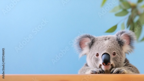 Cute koala peeking over a wooden surface against a light blue background, with blurred foliage details photo