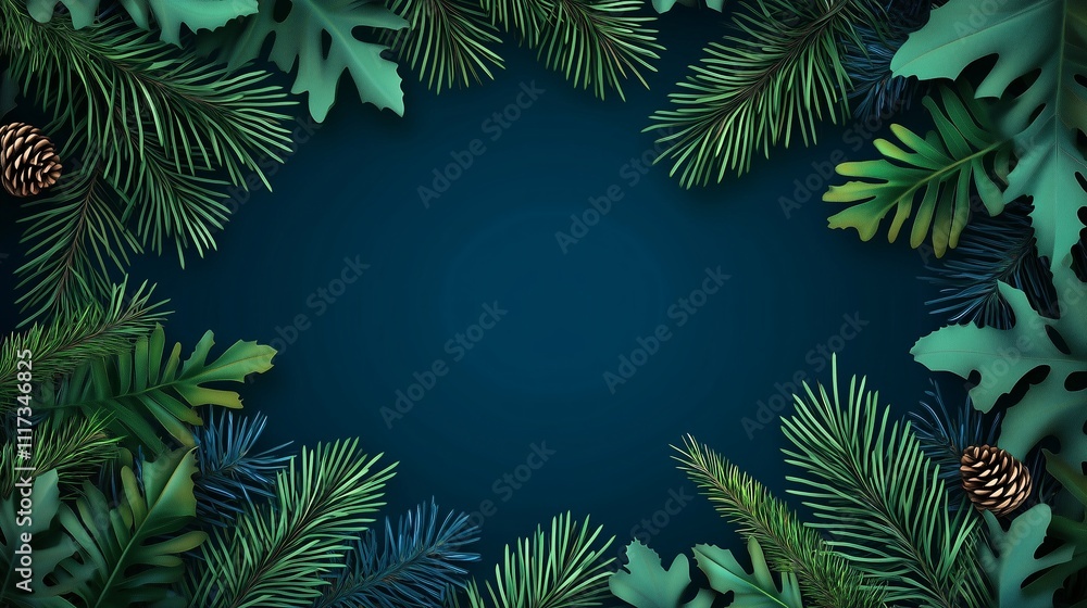 Dark blue background with pine and tropical leaves forming a decorative border, ideal for holiday designs Dark blue background with pine and tropical leaves forming a decorative border, ideal for holiday designs