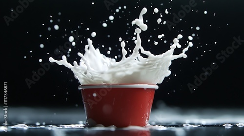 Milk splashing dramatically from a red cup against a black background. photo