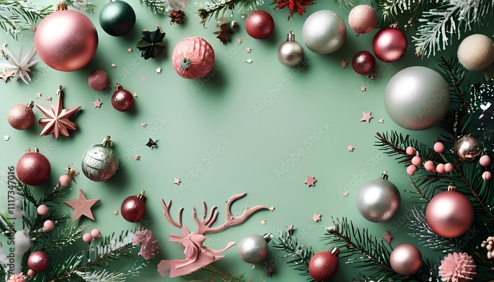 christmas tree decorations on a clean green background christmas tree decorations on a clean green background